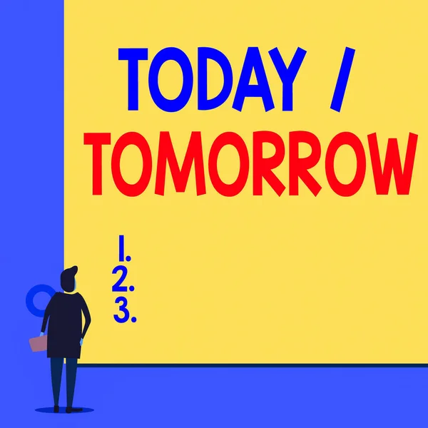 Text sign showing Today Or Tomorrow. Business photo showcasing What is happening now and what the future will bring Back view young woman watching blank big rectangle. Geometrical background