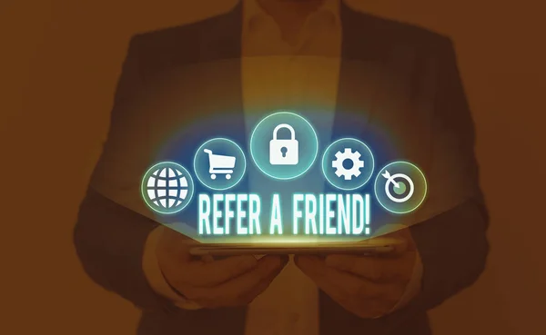 Text Sign Showing Refer Friend Business Photo Showcasing Direct Someone — Stock Photo, Image