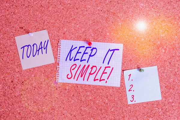 Text sign showing Keep It Simple. Business photo showcasing ask something easy understand not go into too much detail Corkboard color size paper pin thumbtack tack sheet billboard notice board