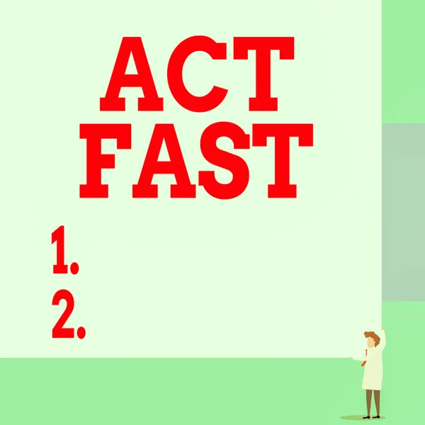 Text sign showing Act Fast. Business photo showcasing Voluntarily move in the highest state of speed initiatively Front view young woman holding two hands right corner big blank rectangle