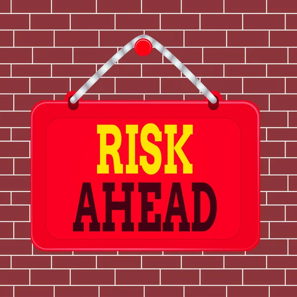 Text sign showing Risk Ahead. Business photo showcasing A probability or threat of damage, injury liability and loss Board fixed nail frame string striped colored background rectangle panel