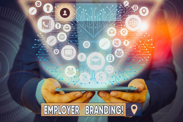 Text sign showing Employer Branding. Business photo showcasing promoting company employer choice to desired target group