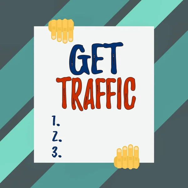 Conceptual hand writing showing Get Traffic. Concept meaning amount of data sent and received by visitors to a website Two hands holding big blank rectangle up down design