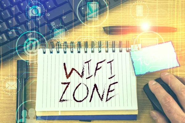 Rukopis Wifi Zone Konceptuální Fotografie Poskytuje Bezdrátové Vysokorychlostní Připojení Internetu — Stock fotografie