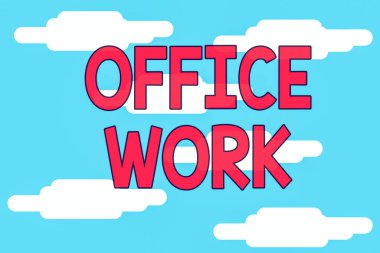 Kelime yazma bürosu işi. Bulutlu mavi gökyüzü manzaralı bir organizasyon için herhangi bir resmi ya da idari çalışmayı gösteren iş fotoğrafı. Kusursuz bulutlu desen. Soyut