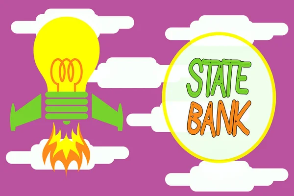 表明国家银行的概念手写 概念通常指的是国家特许的金融机构 顶视图发射灯泡火箭发射基地项目燃料构想 — 图库照片