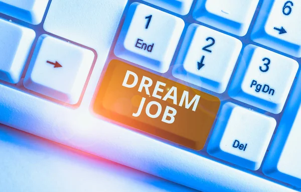 Writing note showing Dream Job. Business concept for An act that is paid of by salary and giving you hapiness White pc keyboard with note paper above the white background