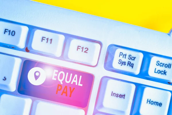 Handwriting text Equal Pay. Conceptual photo Rights that individuals in the same workplace be given equal pay White pc keyboard with empty note paper above white background key copy space