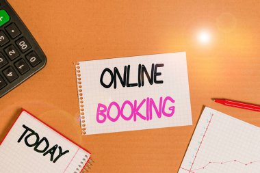 Çevrimiçi rezervasyonu gösteren kavramsal el yazısı. İş seyahatlerini analiz etmek için kullanılan iş fotoğrafı tanıtım aracı. İnternet karton defter bürosu çalışma kağıtları..