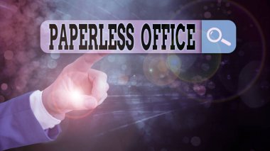 Kağıtsız Ofis 'i gösteren metin işareti. Kağıt kullanımının kaldırıldığı iş fotoğrafı gösterimi çalışma ortamı