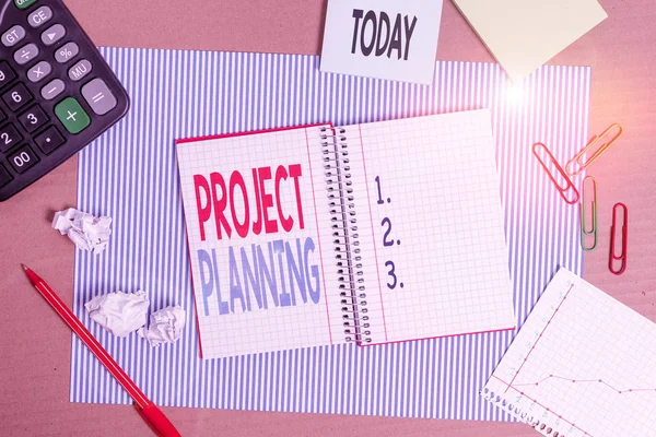 Writing Note Showing Project Planning Business Concept Plan Subsequently Report — Stock Photo, Image