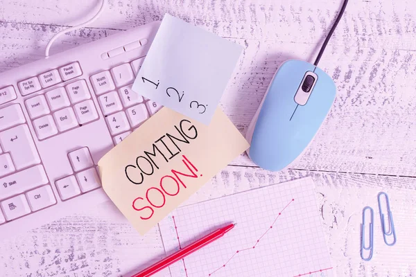 Writing Note Showing Coming Soon Business Concept Event Action Happen — Stock Photo, Image