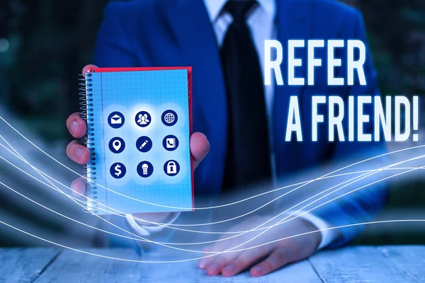 Writing Note Showing Refer Friend Business Concept Direct Someone Another — Stock Photo, Image