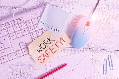 İş Güvenliğini gösteren bir not yazıyorum. Ahşap masaya yerleştirilen ekipman ve bilgisayar malzemelerini yazan çalışanların sağlığını sağlamak için uygulanan politika ve prosedürler konsepti