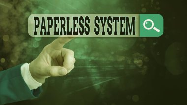 Kağıtsız Sistem 'i gösteren metin işareti. Elektronik formda bilgi depolama veya haberleşmesini gösteren iş fotoğrafı