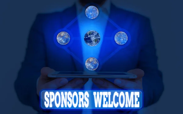 Text Sign Showing Sponsors Welcome Business Photo Showcasing Greet Advertiser — Stock Photo, Image