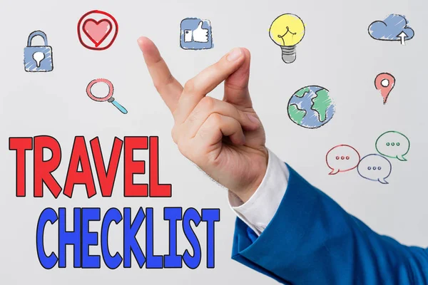 単語の書き込みテキスト旅行チェックリスト 予定されている旅行のためにチェックまたは実行されるもののリストを紹介するビジネス写真 — ストック写真