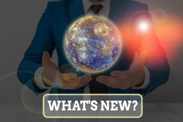 Text sign showing What S New Question. Business photo showcasing when you ask someone about his current live events actions Elements of this image furnished by NASA