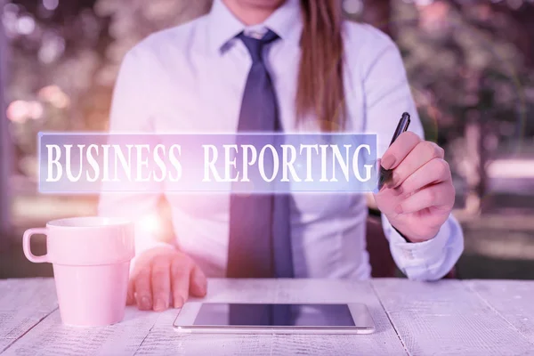 Escrita conceitual mostrando Business Reporting. Foto de negócios mostrando um documento escrito formal para um ambiente de negócios Feminino pessoa de negócios sentado e segurando telefone celular . — Fotografia de Stock