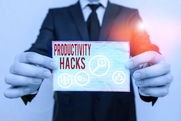 Texte Écriture Mots Productivité Hacks Photo Affaires Présentant Des Astuces — Photo