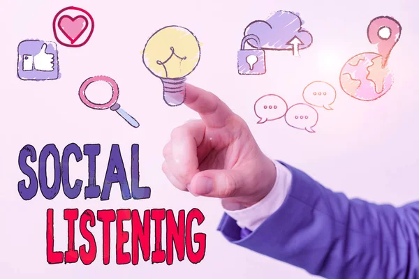 Writing note showing Social Listening. Business concept for analyzing the conversations and trends of your product