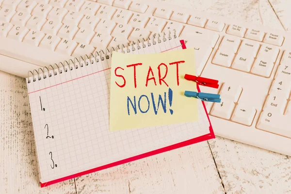 Writing Note Showing Start Now Business Concept Hesitate Get Working — 스톡 사진