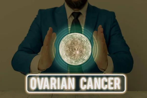 Text sign showing Ovarian Cancer. Business photo text any cancerous growth that forms in the tissues of the ovary Elements of this image furnished by NASA