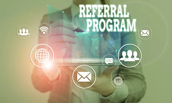 Word Writing Text Referral Program Business Photo Showcasing Employees Rewarded — Stock Photo, Image