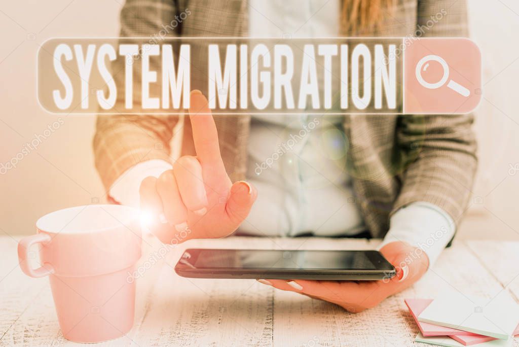 Handwriting text System Migration. Conceptual photo moving from the use of one operating environment to another Business woman sitting with mobile phone and cup of coffee on the table