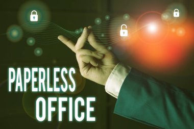 Kağıtsız Ofis 'i gösteren metin işareti. Kağıt kullanımının kaldırıldığı iş fotoğrafı çalışma ortamı
