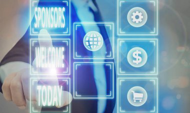 El yazısı Sponsorları Hoşgeldiniz. Bir iş veya bireyi destekleyen kavramsal fotoğraf reklamcısını selamla