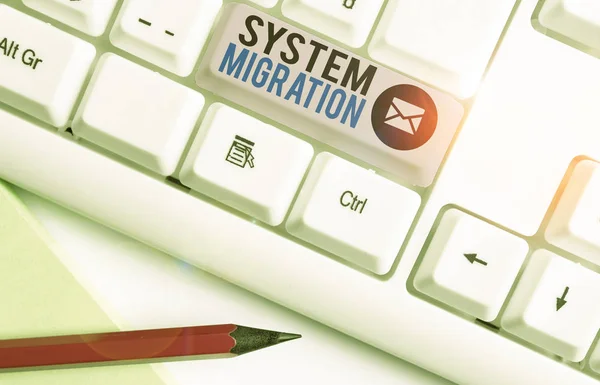 Nota Escrita Mostrando Migração Sistema Conceito Negócio Para Passar Uso — Fotografia de Stock
