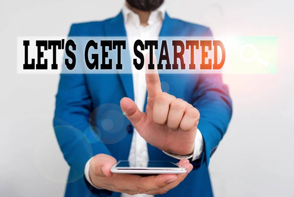 Textskylt Som Visar Let Get Started Business Foto Text För — Stockfoto