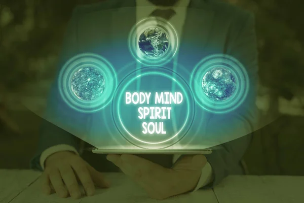 Handwriting text Body Mind Spirit Soul. Conceptual photo Personal Balance Therapy Conciousness state of mind Elements of this image furnished by NASA