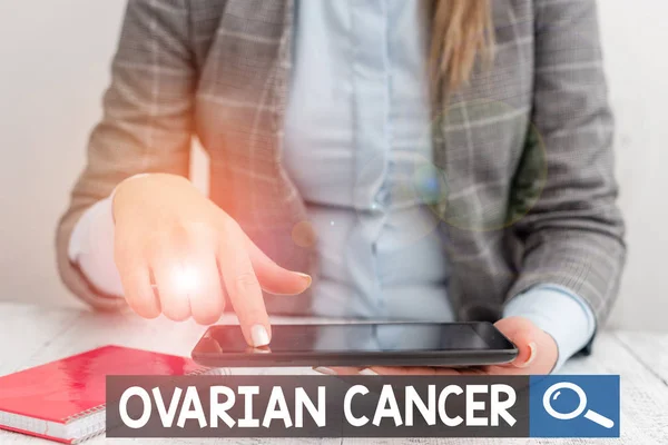 Text sign showing Ovarian Cancer. Business photo showcasing any cancerous growth that forms in the tissues of the ovary Business concept with communication mobile phone