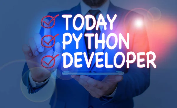 Writing note showing Python Developer. Business concept for responsible for writing serverside web application logic