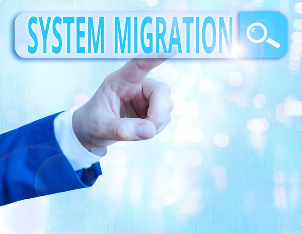 Word Writing Text System Migration Business Photo Showcasing Moving Use — Stock Photo, Image