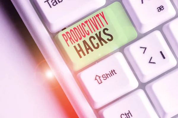 Znak Tekstowy Pokazujący Produktywność Hacks Biznesowe Zdjęcia Pokazujące Sztuczki Które — Zdjęcie stockowe