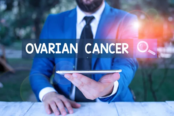 Text sign showing Ovarian Cancer. Conceptual photo any cancerous growth that forms in the tissues of the ovary Businessman with mobile phone in his hand.