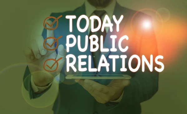 Writing note showing Public Relations. Business photo showcasing state of the relationship between the public and a company.