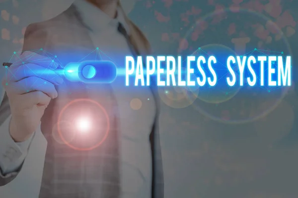Manuscrito texto escrevendo Paperless System. Conceito que significa armazenamento ou comunicação de informações em formato eletrónico . — Fotografia de Stock