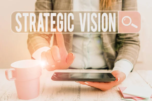 Handwriting text Strategic Vision. Conceptual photo clarifies the direction the organisation needs to move Business woman sitting with mobile phone and cup of coffee on the table