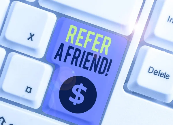 Conceptual Hand Writing Showing Refer Friend Concept Meaning Direct Someone — Stock Photo, Image