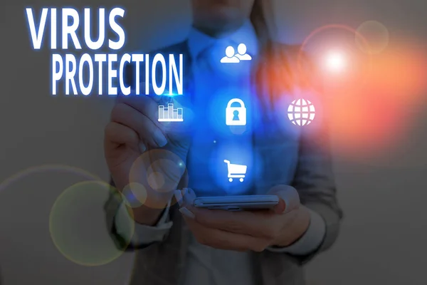 Texto de escritura a mano Protección contra virus. Concepto que significa programa diseñado para proteger las computadoras contra malware . — Foto de Stock