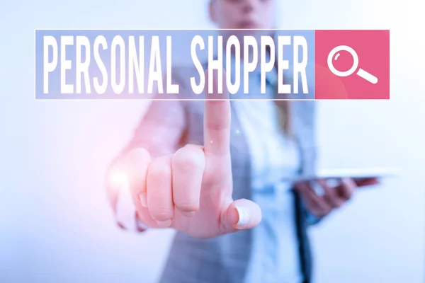 Text sign showing Personal Shopper. Business photo showcasing individual who is paid to help another to purchase goods Digital business concept with business woman