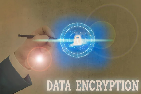 Conceptual hand writing showing Data Encryption. Concept meaning Conversion of data into code for compression or security