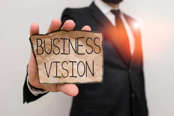 Text sign showing Business Vision. Business photo text description of what an organization would like to achieve Male human wear formal work suit office look hold notepaper sheet use hand