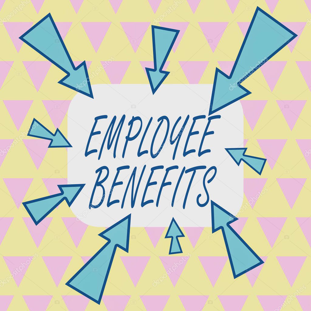 Text sign showing Employee Benefits. Conceptual photo payments made to employees beyond the scope of wages Asymmetrical uneven shaped format pattern object outline multicolour design.