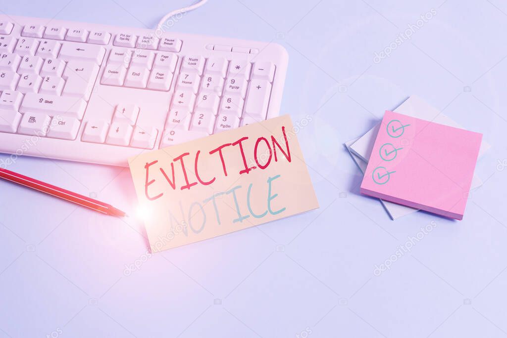 Conceptual hand writing showing Eviction Notice. Concept meaning an advance notice that someone must leave a property Paper blue keyboard office study notebook chart numbers memo