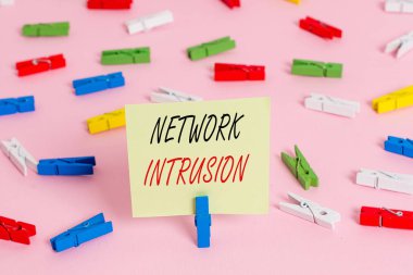 Writing note showing Network Intrusion. Business concept for device or software application that monitors a network Colored clothespin papers empty reminder pink floor office pin clipart